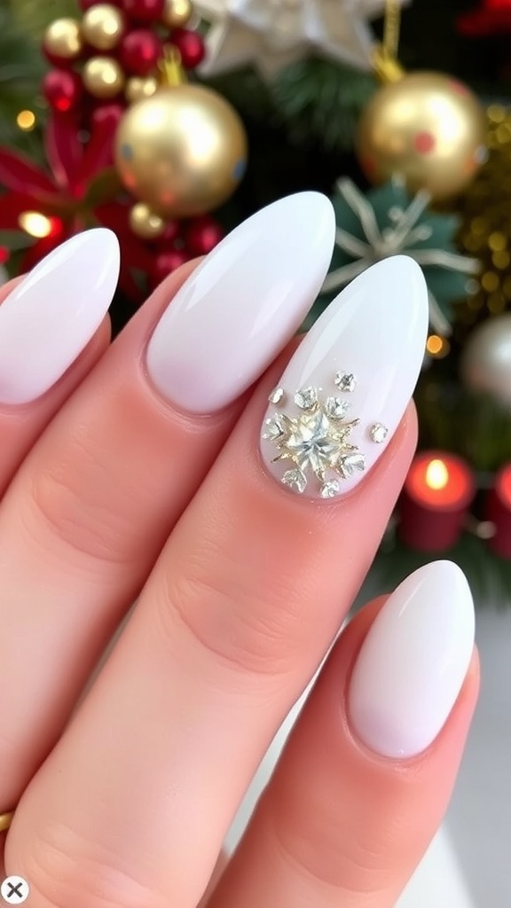 Elegant almond-shaped white Christmas nails with glitter and rhinestones on a festive background.